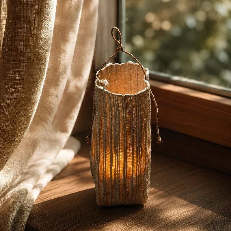 Woven Ramie Lantern with Battery-Powered Flameless LED Candle - product view 9
