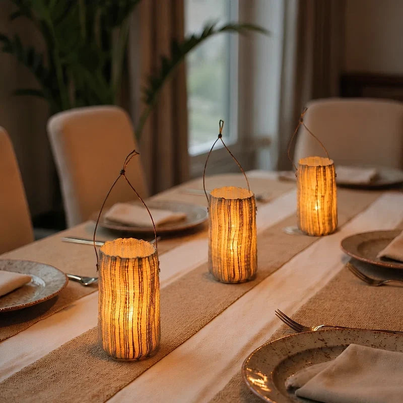 Woven Ramie Lantern with Battery-Powered Flameless LED Candle - product view 10