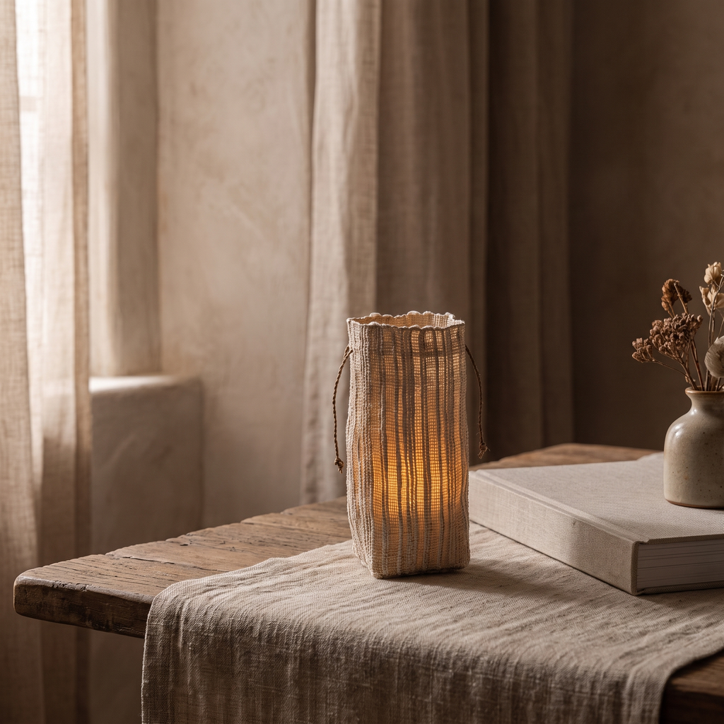 Woven Ramie Lantern with Battery-Powered Flameless LED Candle - product view 2