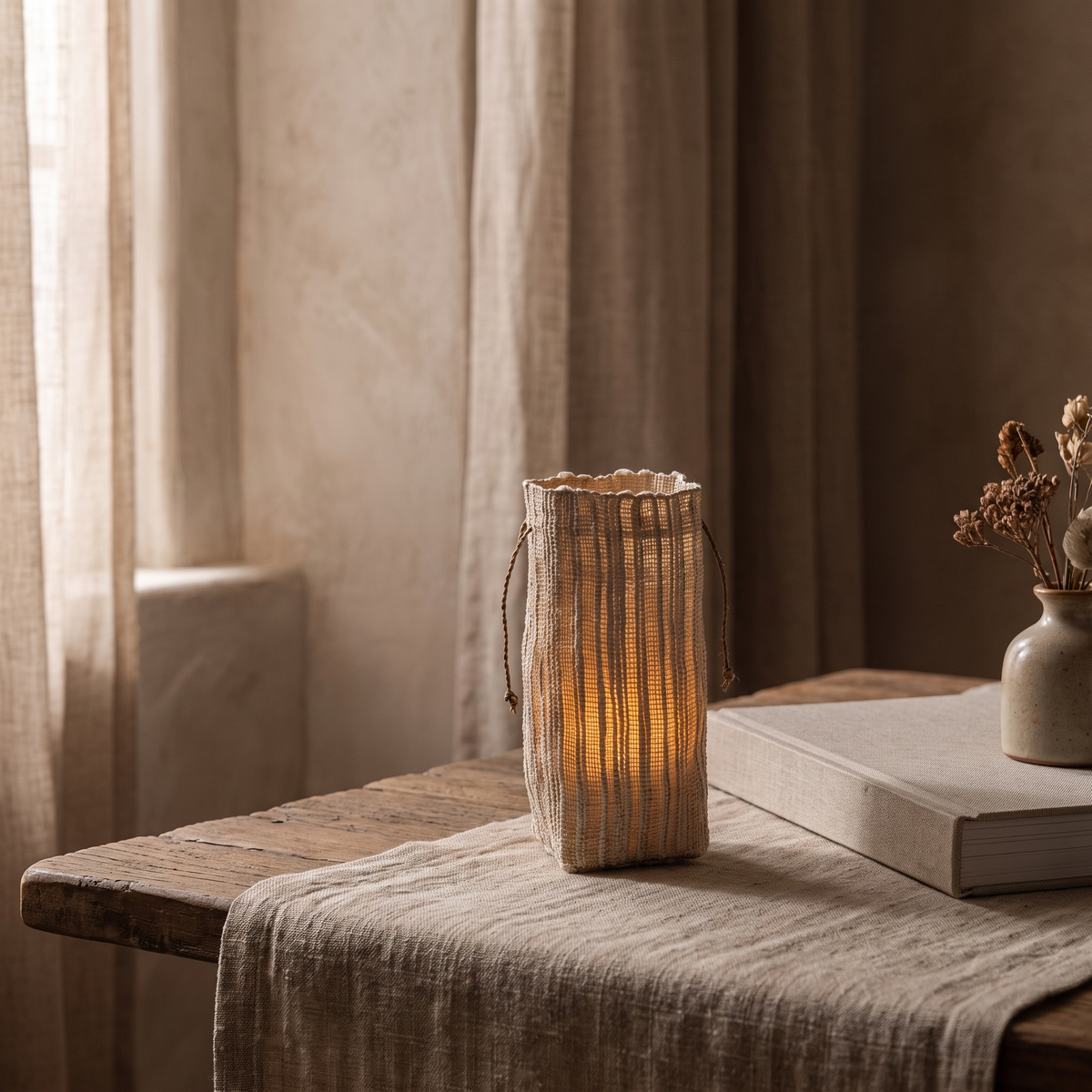 Woven Ramie Lantern with Battery-Powered Flameless LED Candle - product view 2