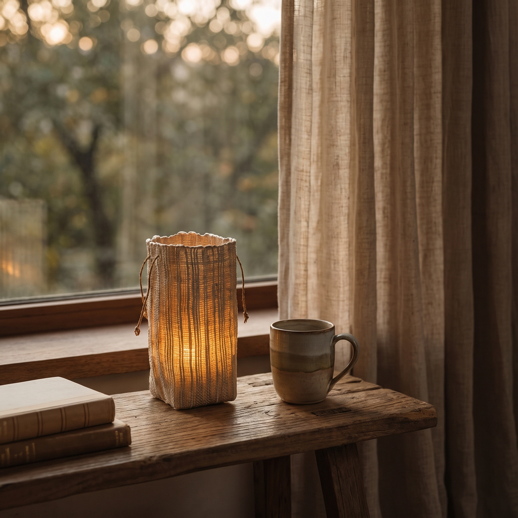 Woven Ramie Lantern with Battery-Powered Flameless LED Candle - product view 3
