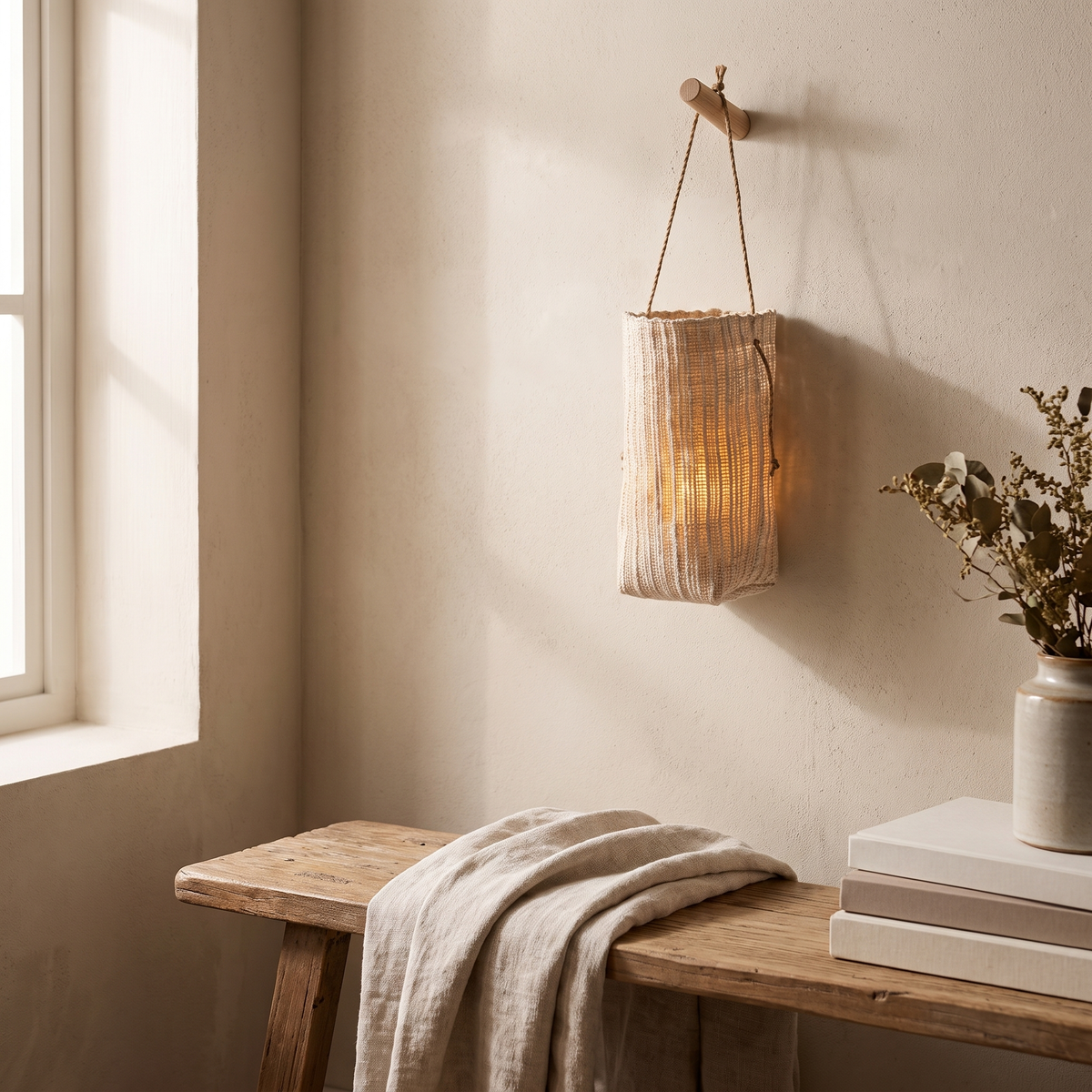 Woven Ramie Lantern with Battery-Powered Flameless LED Candle - product view 4