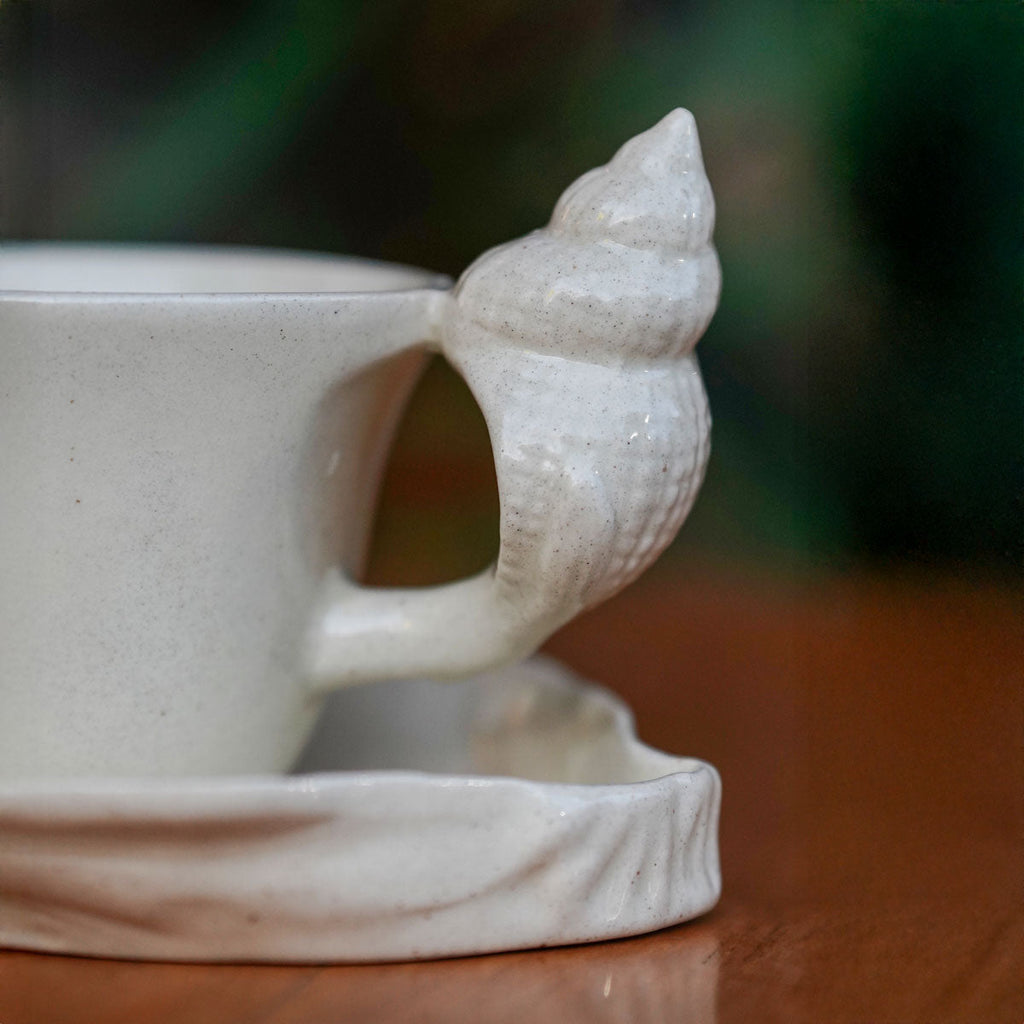 Ceramic Cup and Saucer with Seashell Handle, Glazed Finish - product view 11
