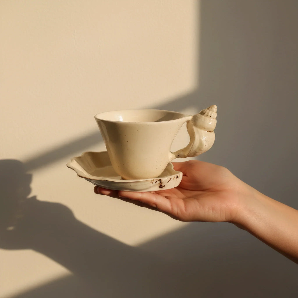 Ceramic Cup and Saucer with Seashell Handle, Glazed Finish - product view 8