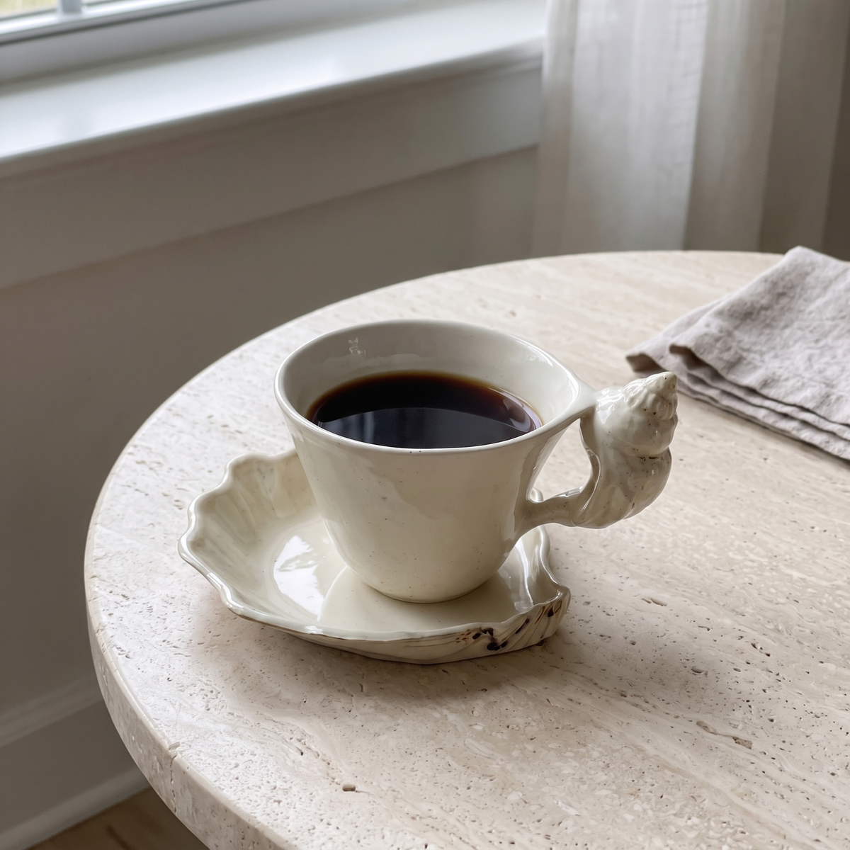 Ceramic Cup and Saucer with Seashell Handle, Glazed Finish - product view 1