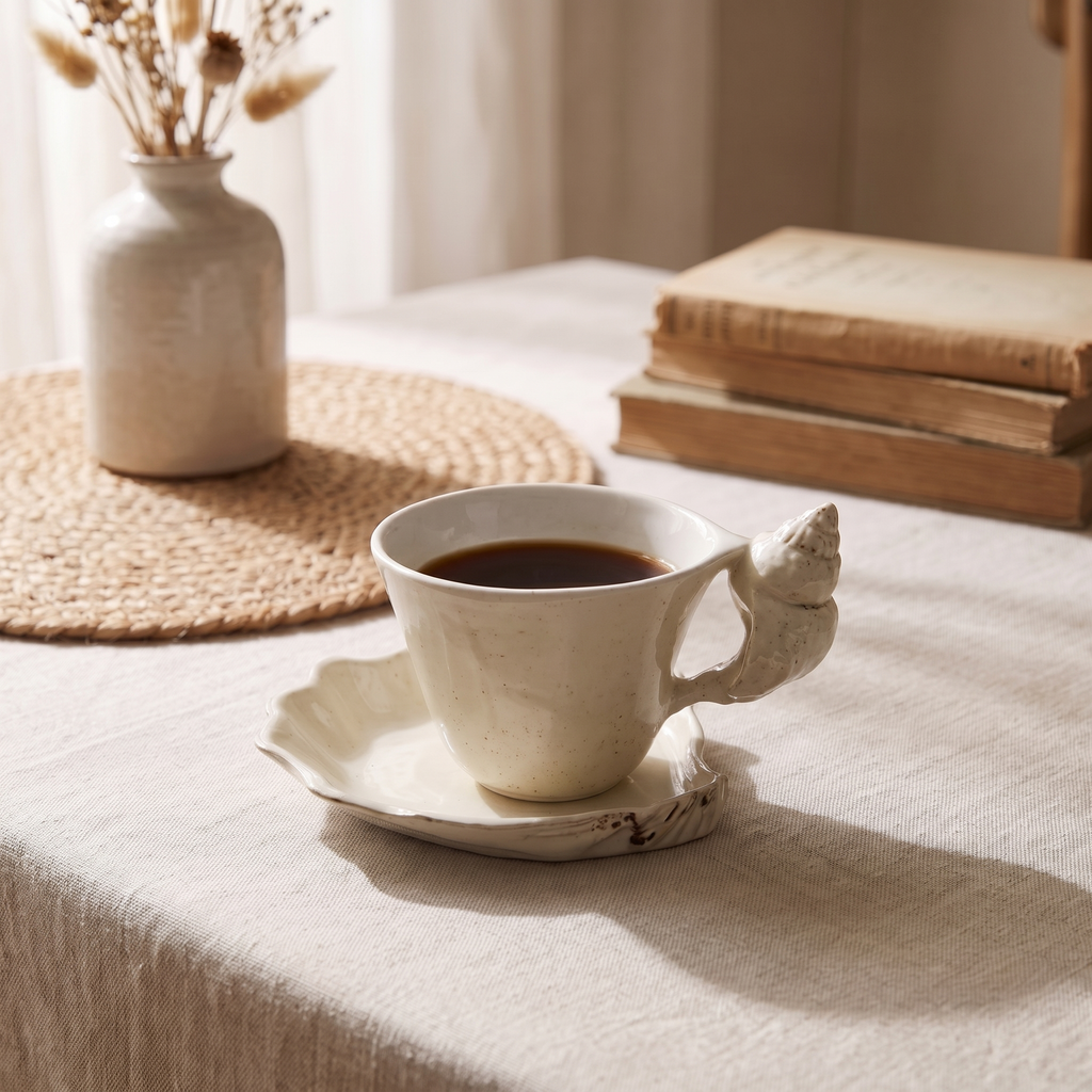 Ceramic Cup and Saucer with Seashell Handle, Glazed Finish - product view 2