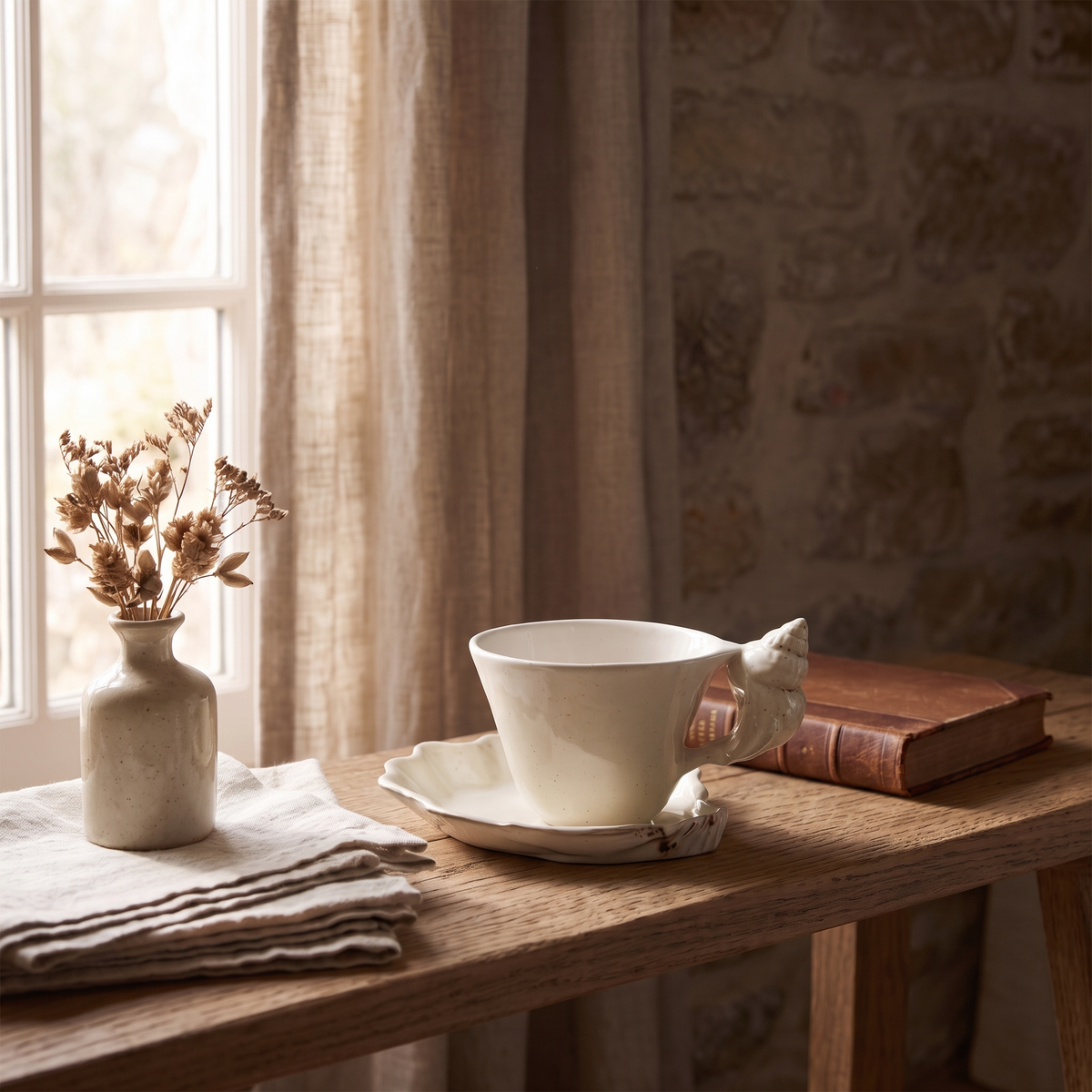 Ceramic Cup and Saucer with Seashell Handle, Glazed Finish - product view 4