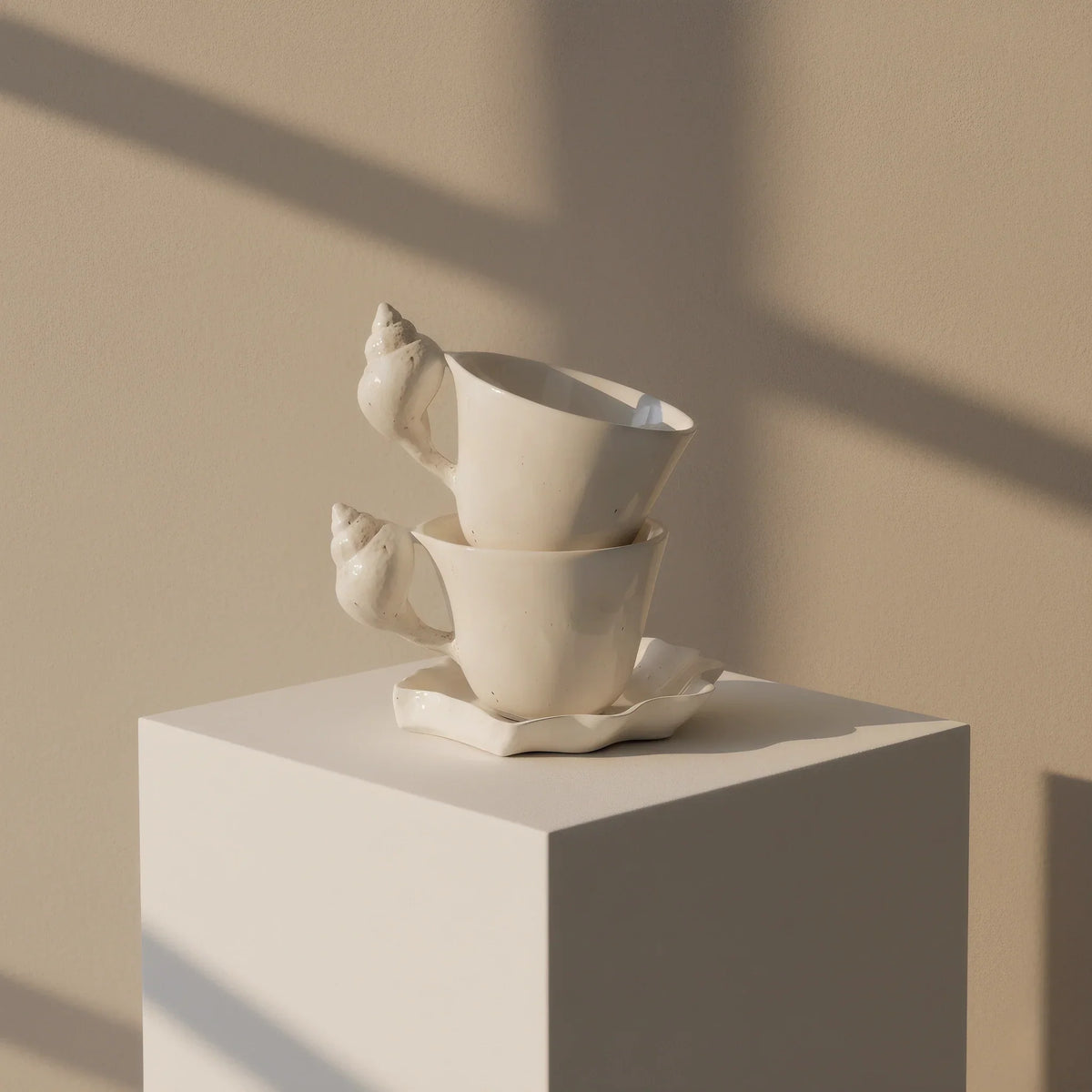 Ceramic Cup and Saucer with Seashell Handle, Glazed Finish - product view 13