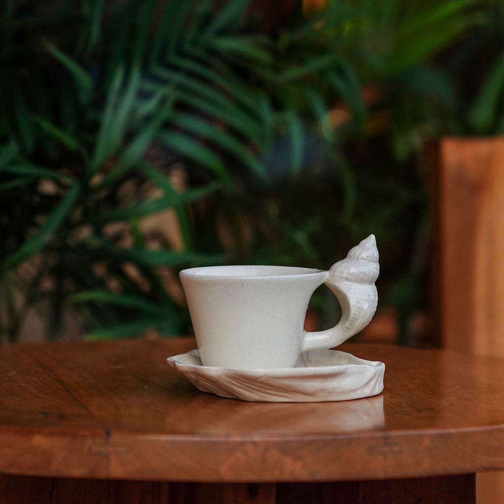 Ceramic Cup and Saucer with Seashell Handle, Glazed Finish - product view 10
