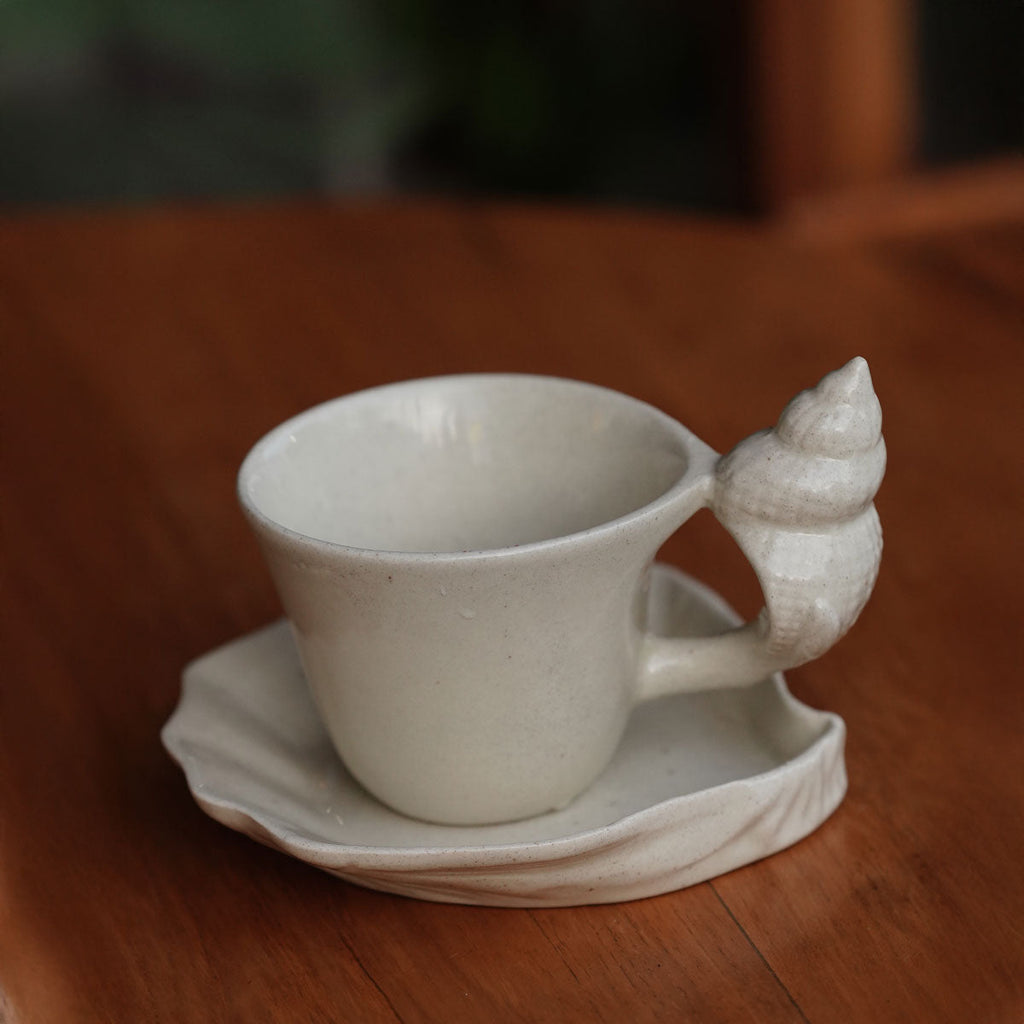 Ceramic Cup and Saucer with Seashell Handle, Glazed Finish - product view 12