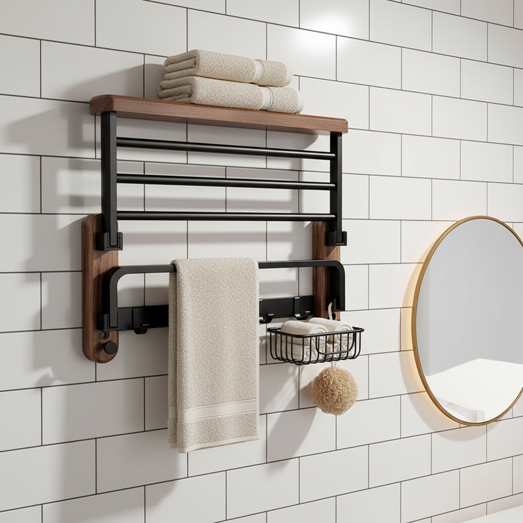 Walnut and Aluminium Bathroom Towel Rack with Storage Shelf - product view 1
