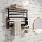 Walnut and Aluminium Bathroom Towel Rack with Storage Shelf - product view 1