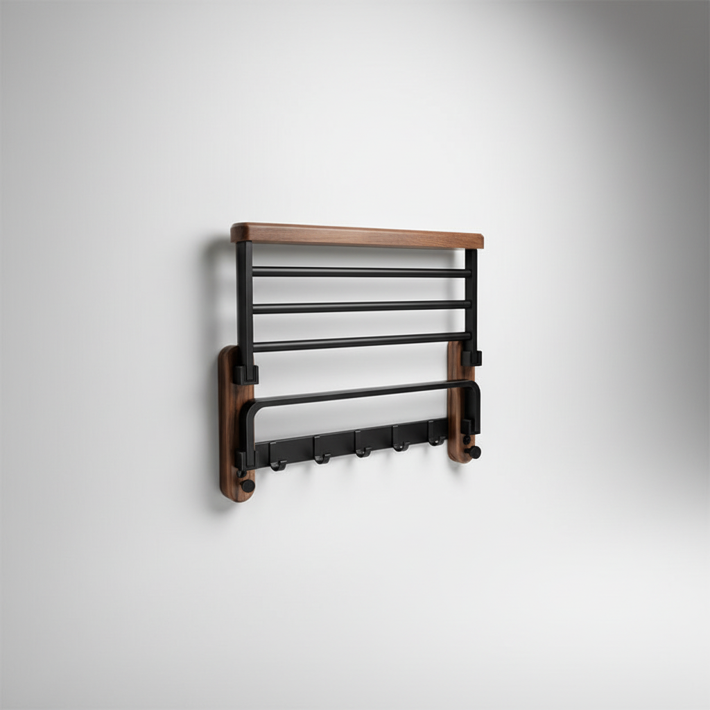 Walnut and Aluminium Bathroom Towel Rack with Storage Shelf - product view 2