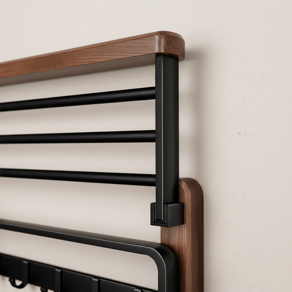 Walnut and Aluminium Bathroom Towel Rack with Storage Shelf - product view 3
