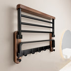 Walnut and Aluminium Bathroom Towel Rack with Storage Shelf - product view 4