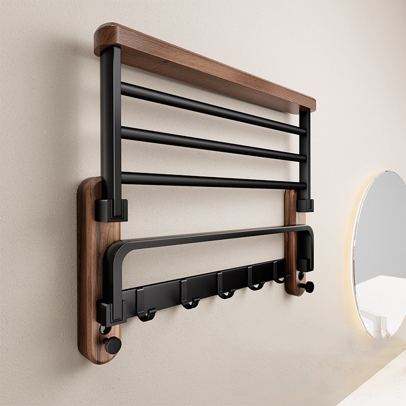 Walnut and Aluminium Bathroom Towel Rack with Storage Shelf - product view 4