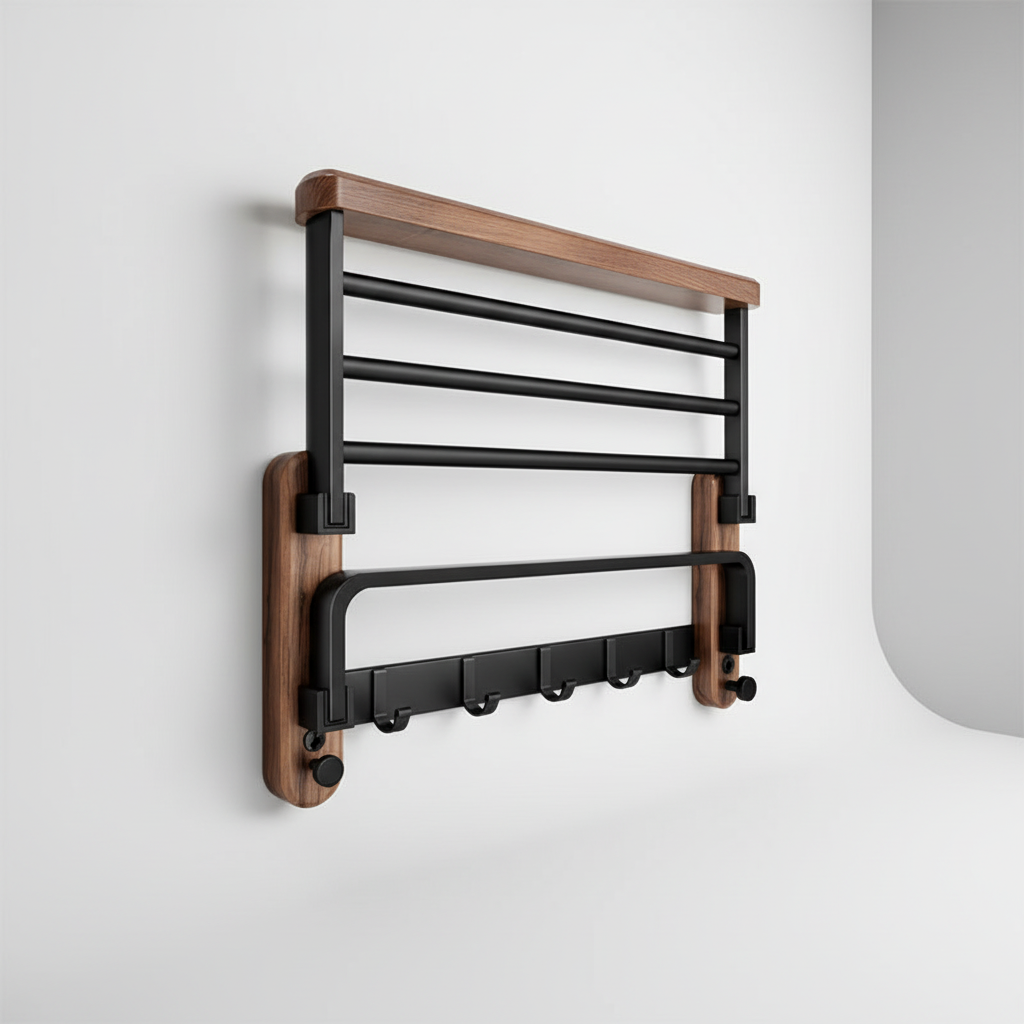 Walnut and Aluminium Bathroom Towel Rack with Storage Shelf - 50.04 cm