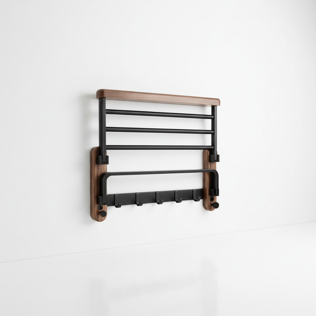 Walnut and Aluminium Bathroom Towel Rack with Storage Shelf - 59.94 cm