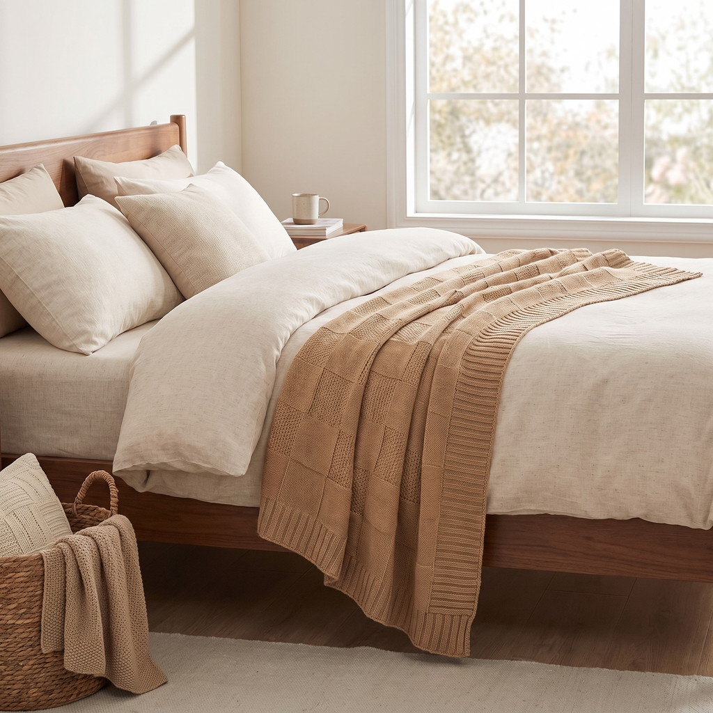 Checkered Knit Throw Blanket with Ribbed Edges - product view 1