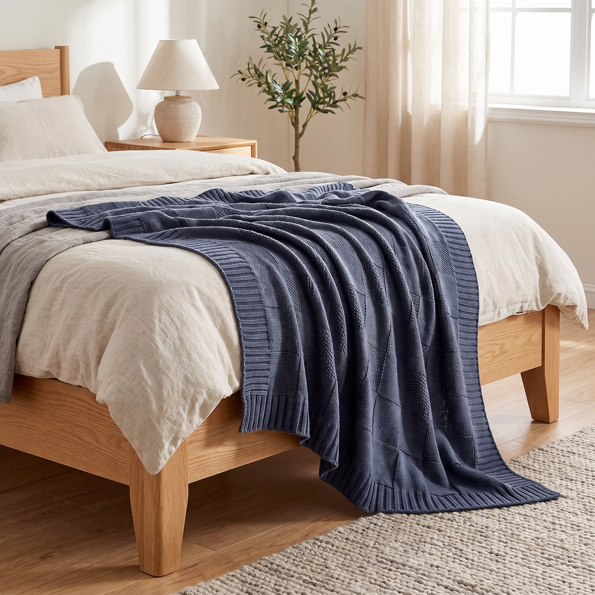 Checkered Knit Throw Blanket with Ribbed Edges - product view 3