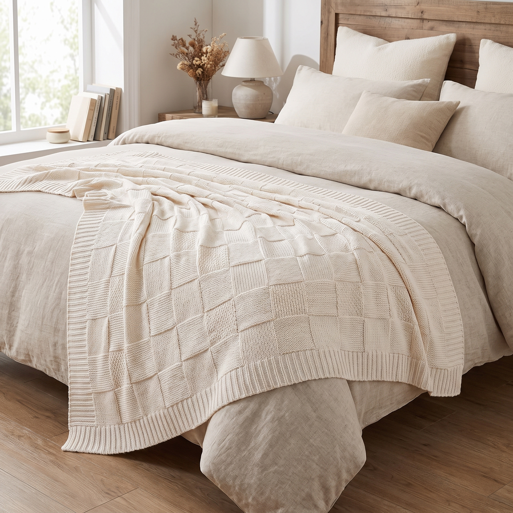 Checkered Knit Throw Blanket with Ribbed Edges - product view 5