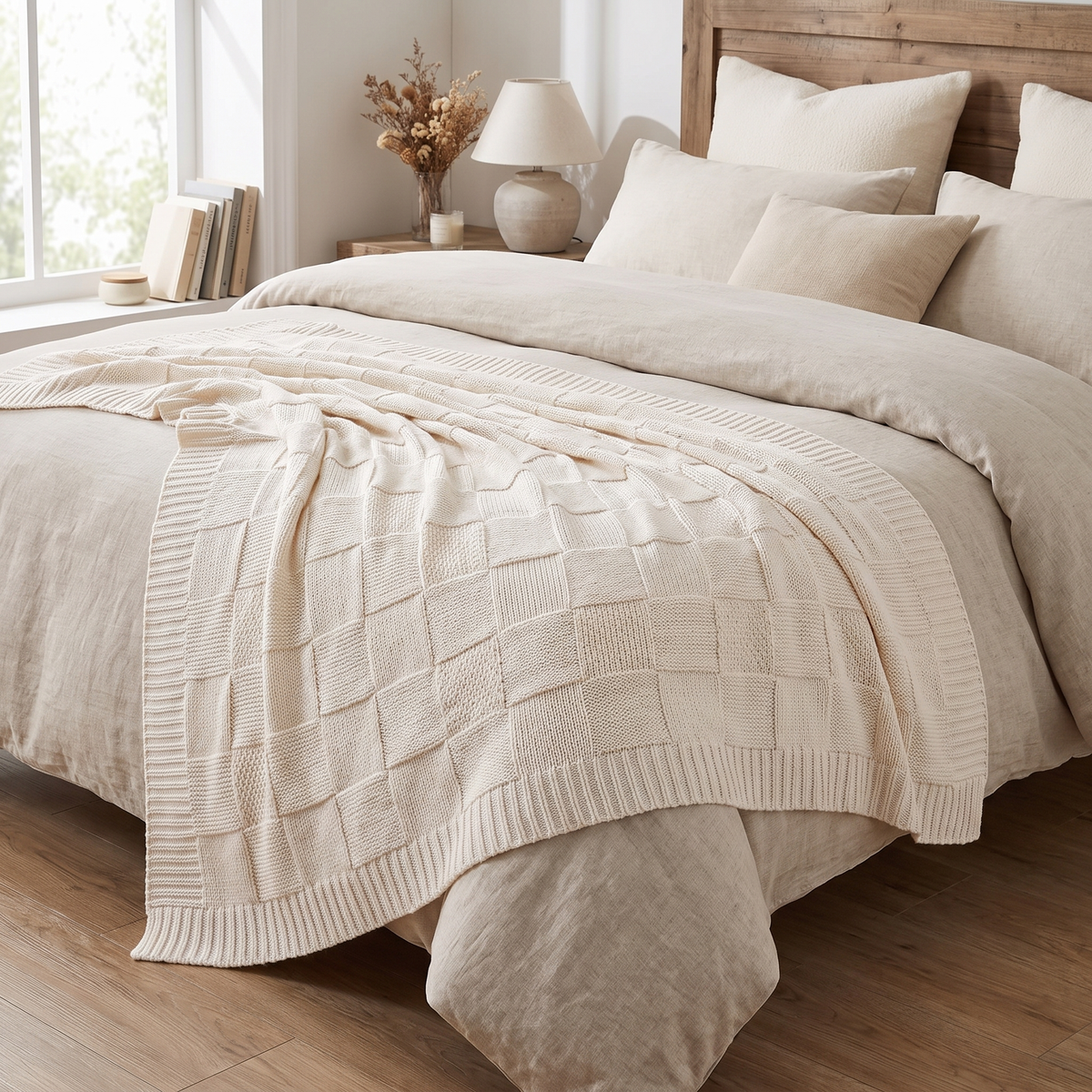 Checkered Knit Throw Blanket with Ribbed Edges - product view 5