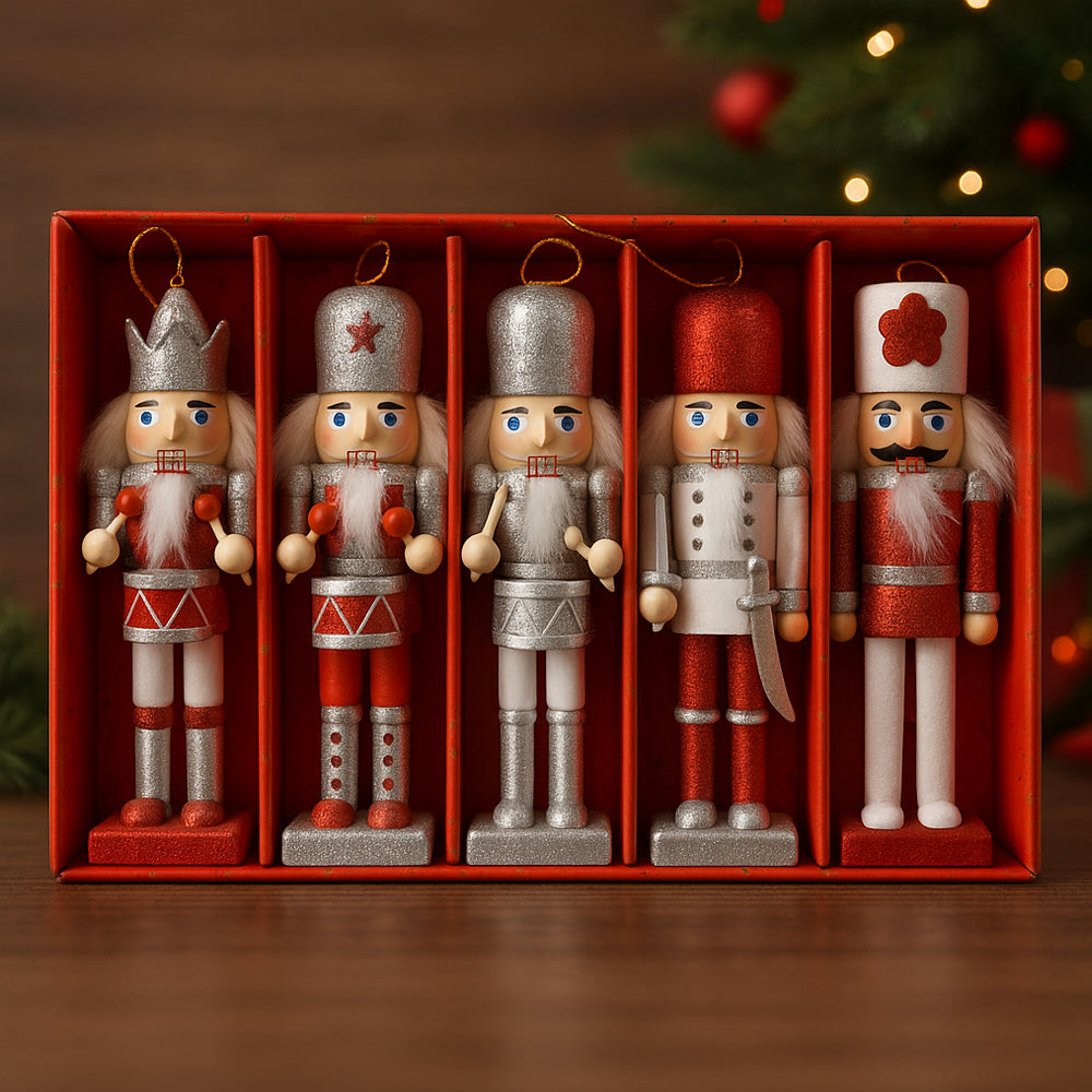 Wooden Nutcracker Christmas Figurines, Set of 5