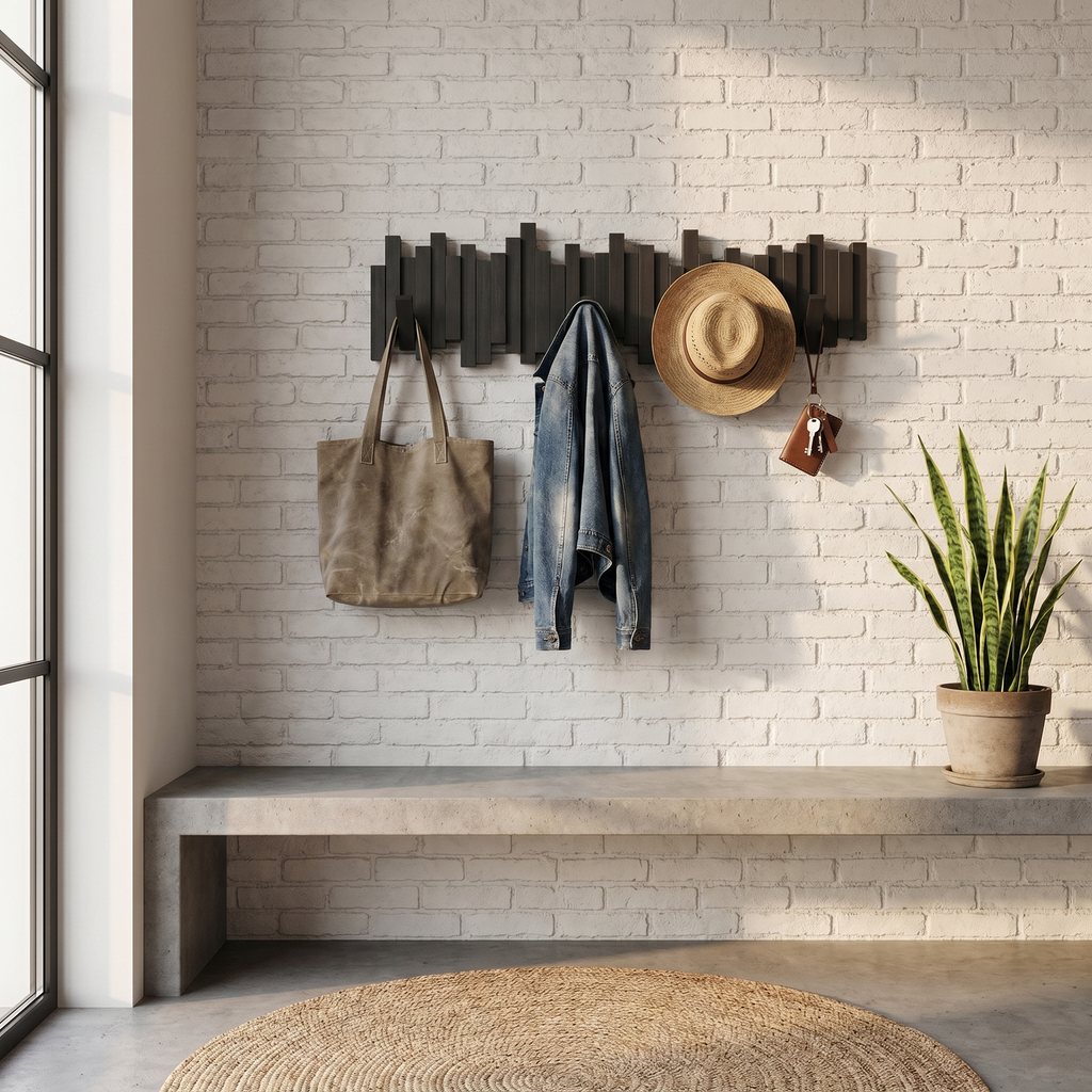 Wooden Wall Coat Rack with Magnetic Folding Hooks — Black