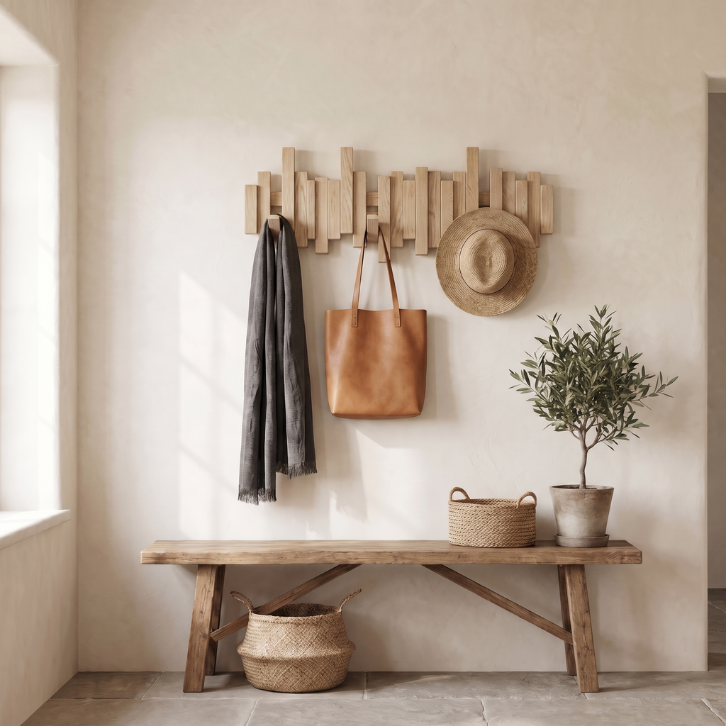 Wooden Wall Coat Rack with Magnetic Folding Hooks — Natural