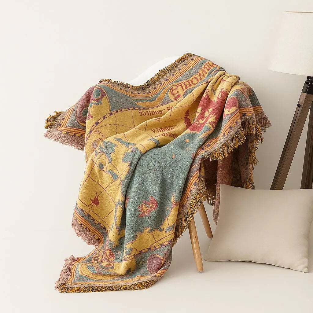 World Map Cotton Throw Blanket with Fringed Edges - product view 3