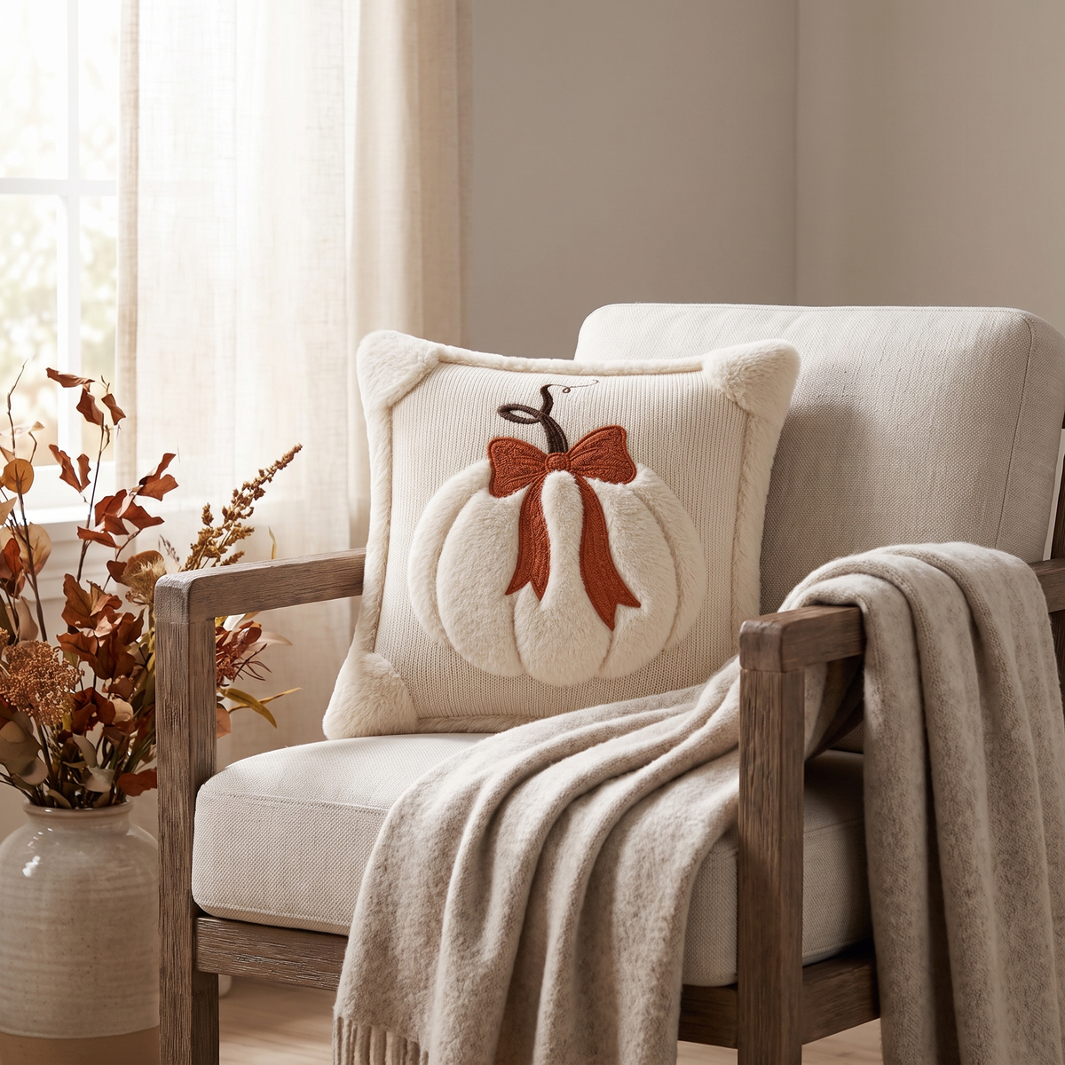 Tufted Pumpkin Cushion Cover, Chenille Autumn Décor, 45 cm - product view 4